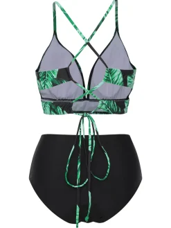 Discount Retro Stage [Plus Size] 1930s Green Leaves V-Neck Strap Bikini Set Black