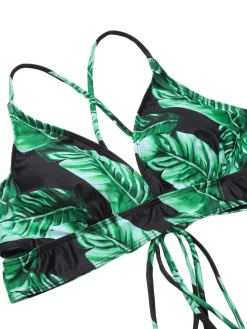 Discount Retro Stage [Plus Size] 1930s Green Leaves V-Neck Strap Bikini Set Black