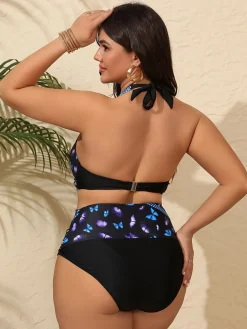 Hot Retro Stage [Plus Size] 1950s Halter Butterflies Floral Bikini Set Deep Blue