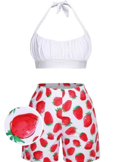Outlet Retro Stage [Plus Size] 1930s Halter Strawberry Swimsuit Set Multicolor