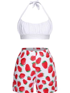Outlet Retro Stage [Plus Size] 1930s Halter Strawberry Swimsuit Set Multicolor
