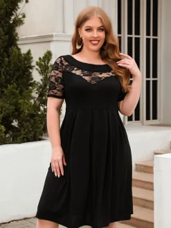 New Retro Stage [Plus Size] 1940s Hollow Lace Solid Dress