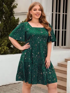 Outlet Retro Stage [Plus Size] 1950s Hot Stamping Stars Square Neck Dress