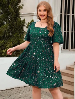 Outlet Retro Stage [Plus Size] 1950s Hot Stamping Stars Square Neck Dress