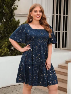 Outlet Retro Stage [Plus Size] 1950s Hot Stamping Stars Square Neck Dress