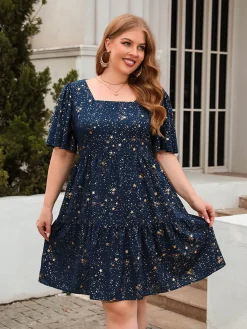 Outlet Retro Stage [Plus Size] 1950s Hot Stamping Stars Square Neck Dress