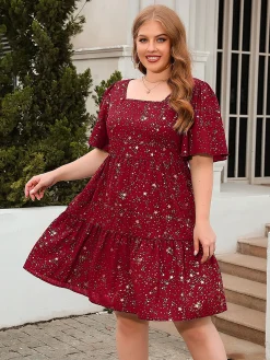 Outlet Retro Stage [Plus Size] 1950s Hot Stamping Stars Square Neck Dress