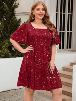 Outlet Retro Stage [Plus Size] 1950s Hot Stamping Stars Square Neck Dress