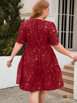 Outlet Retro Stage [Plus Size] 1950s Hot Stamping Stars Square Neck Dress