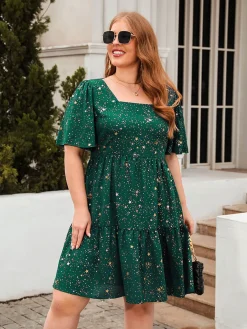 Outlet Retro Stage [Plus Size] 1950s Hot Stamping Stars Square Neck Dress