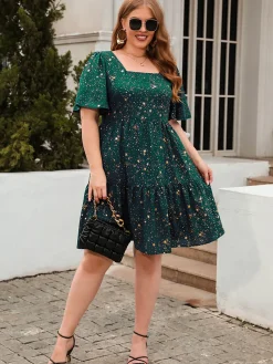 Outlet Retro Stage [Plus Size] 1950s Hot Stamping Stars Square Neck Dress