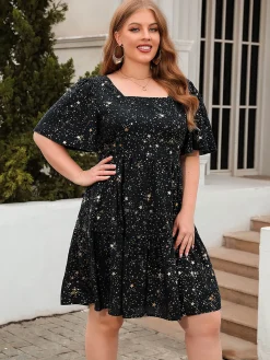 Outlet Retro Stage [Plus Size] 1950s Hot Stamping Stars Square Neck Dress