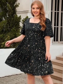 Outlet Retro Stage [Plus Size] 1950s Hot Stamping Stars Square Neck Dress