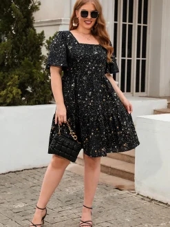 Outlet Retro Stage [Plus Size] 1950s Hot Stamping Stars Square Neck Dress