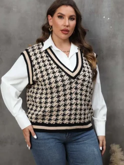 Fashion Retro Stage [Plus Size] 1960s Jacquard Contrasting Houndstooth Wool Vest