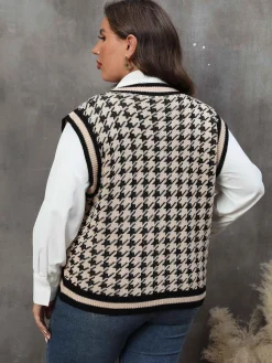 Fashion Retro Stage [Plus Size] 1960s Jacquard Contrasting Houndstooth Wool Vest
