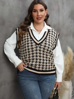Fashion Retro Stage [Plus Size] 1960s Jacquard Contrasting Houndstooth Wool Vest