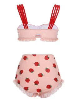 Outlet Retro Stage [Plus Size] 1950s Lace Strawberry Cami Tankini Set Pink