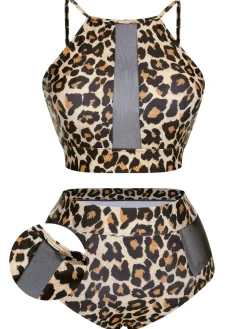 Hot Retro Stage [Plus Size] 1940s Leopard Mesh Patchwork Swimsuit
