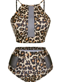 Hot Retro Stage [Plus Size] 1940s Leopard Mesh Patchwork Swimsuit