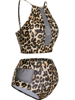 Hot Retro Stage [Plus Size] 1940s Leopard Mesh Patchwork Swimsuit