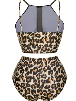 Hot Retro Stage [Plus Size] 1940s Leopard Mesh Patchwork Swimsuit