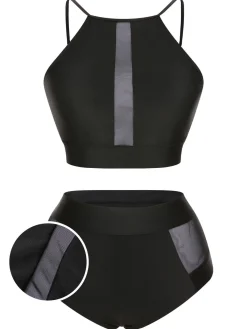 Hot Retro Stage [Plus Size] 1940s Leopard Mesh Patchwork Swimsuit