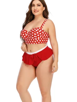 Best Retro Stage [Plus Size] 1930s Polka Dot Suspender Swimsuit Set True Red