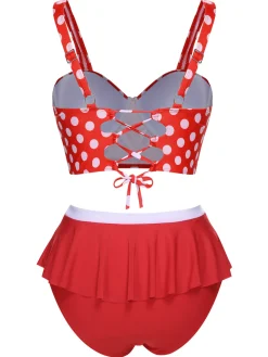 Best Retro Stage [Plus Size] 1930s Polka Dot Suspender Swimsuit Set True Red