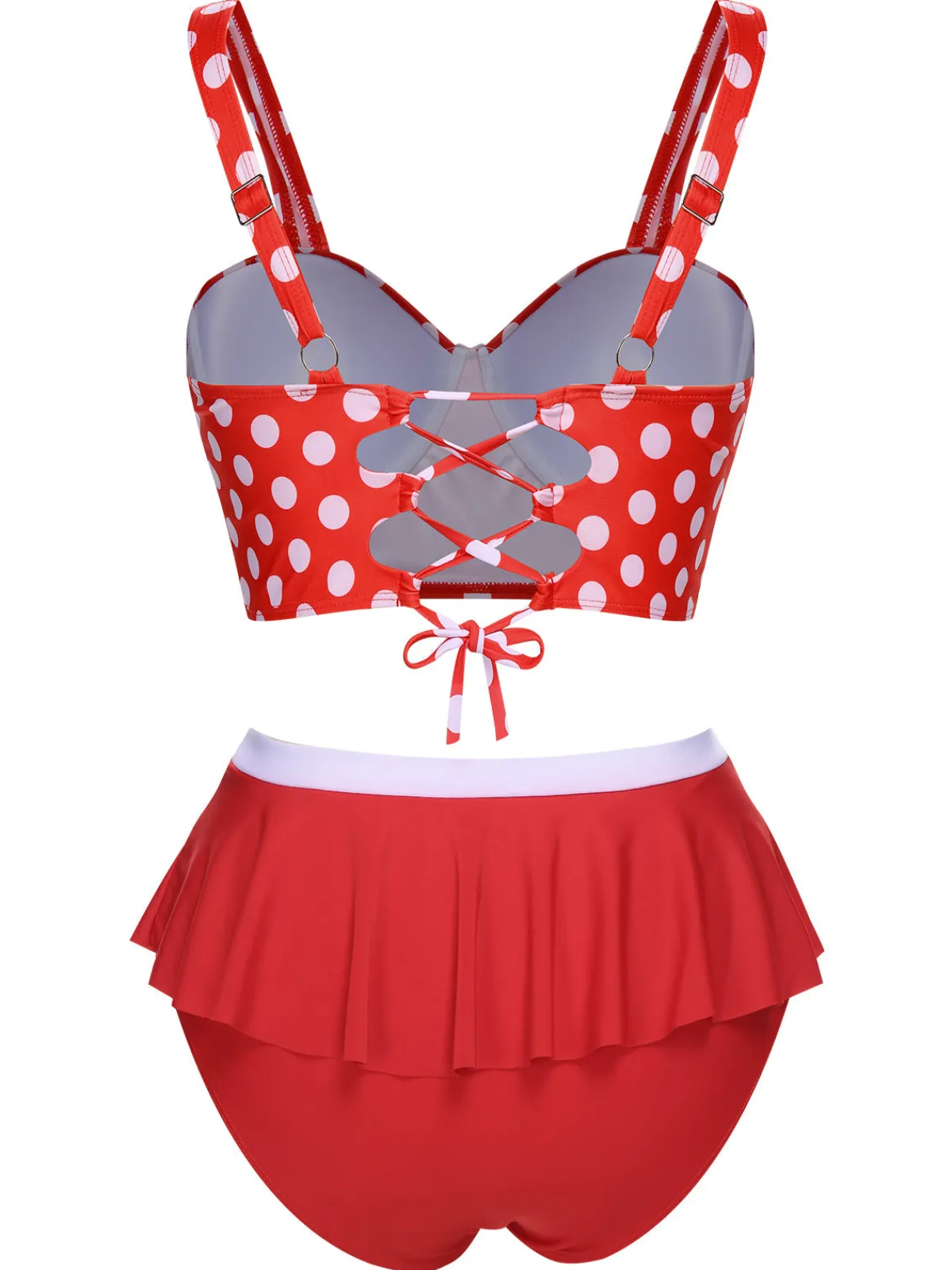 Best Retro Stage [Plus Size] 1930s Polka Dot Suspender Swimsuit Set True Red