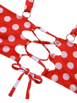 Best Retro Stage [Plus Size] 1930s Polka Dot Suspender Swimsuit Set True Red