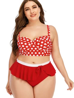 Best Retro Stage [Plus Size] 1930s Polka Dot Suspender Swimsuit Set True Red