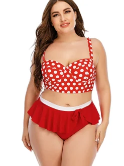 Best Retro Stage [Plus Size] 1930s Polka Dot Suspender Swimsuit Set True Red