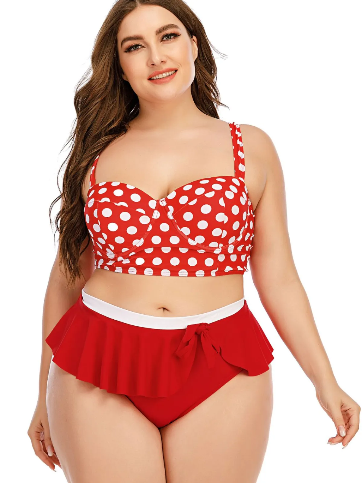 Hot Retro Stage [Plus Size] 1930s Polka Dot Suspender Swimsuit Set