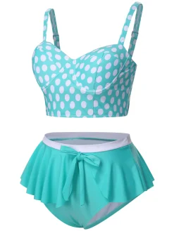 Hot Retro Stage [Plus Size] 1930s Polka Dot Suspender Swimsuit Set