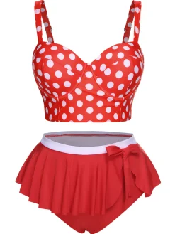 Hot Retro Stage [Plus Size] 1930s Polka Dot Suspender Swimsuit Set