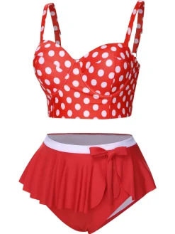 Hot Retro Stage [Plus Size] 1930s Polka Dot Suspender Swimsuit Set