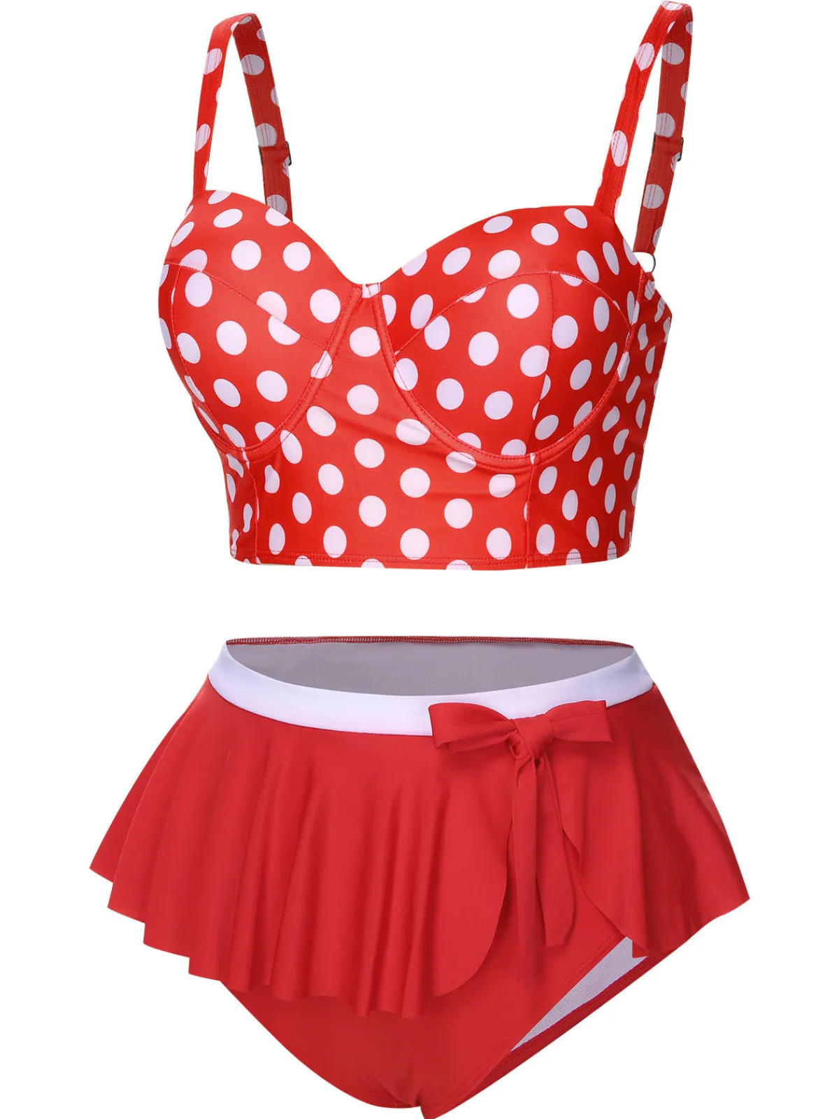 Hot Retro Stage [Plus Size] 1930s Polka Dot Suspender Swimsuit Set