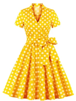 Best Retro Stage [Plus Size] 1950s Polka Dots Waist Tie Lapel Dress
