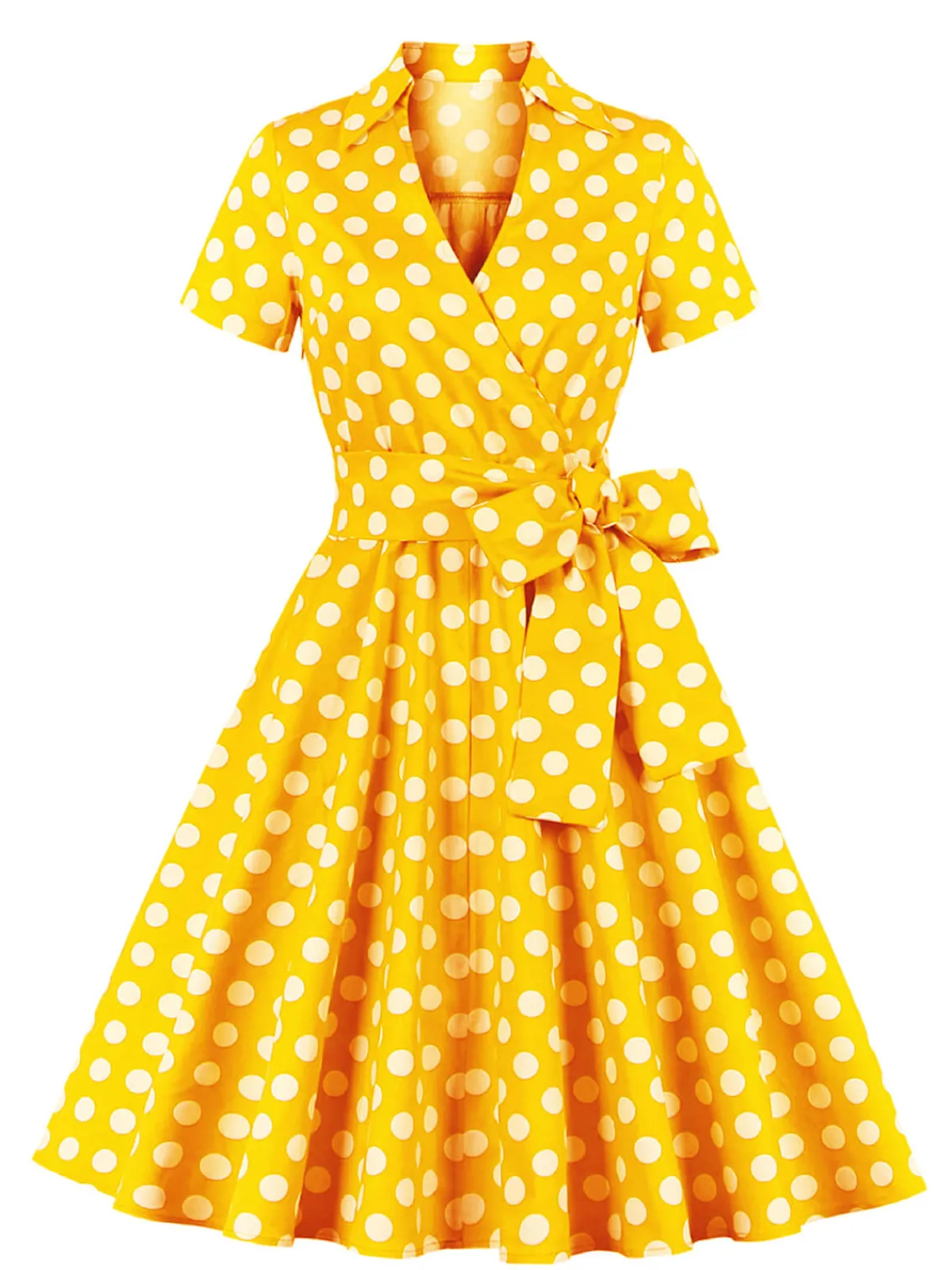 Best Retro Stage [Plus Size] 1950s Polka Dots Waist Tie Lapel Dress