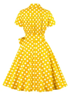 Best Retro Stage [Plus Size] 1950s Polka Dots Waist Tie Lapel Dress