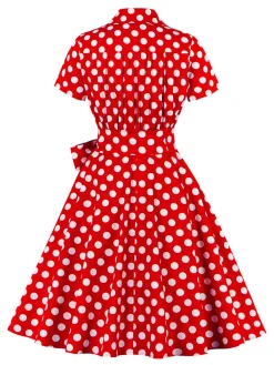Best Retro Stage [Plus Size] 1950s Polka Dots Waist Tie Lapel Dress