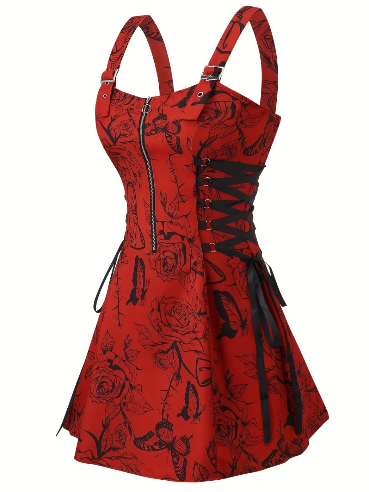 Clearance Retro Stage [Plus Size] 1970s Rose Floral Steampunk Zipper Dress