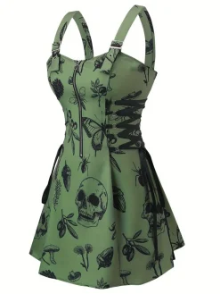 New Retro Stage [Plus Size] 1970s Rose Floral Steampunk Zipper Dress
