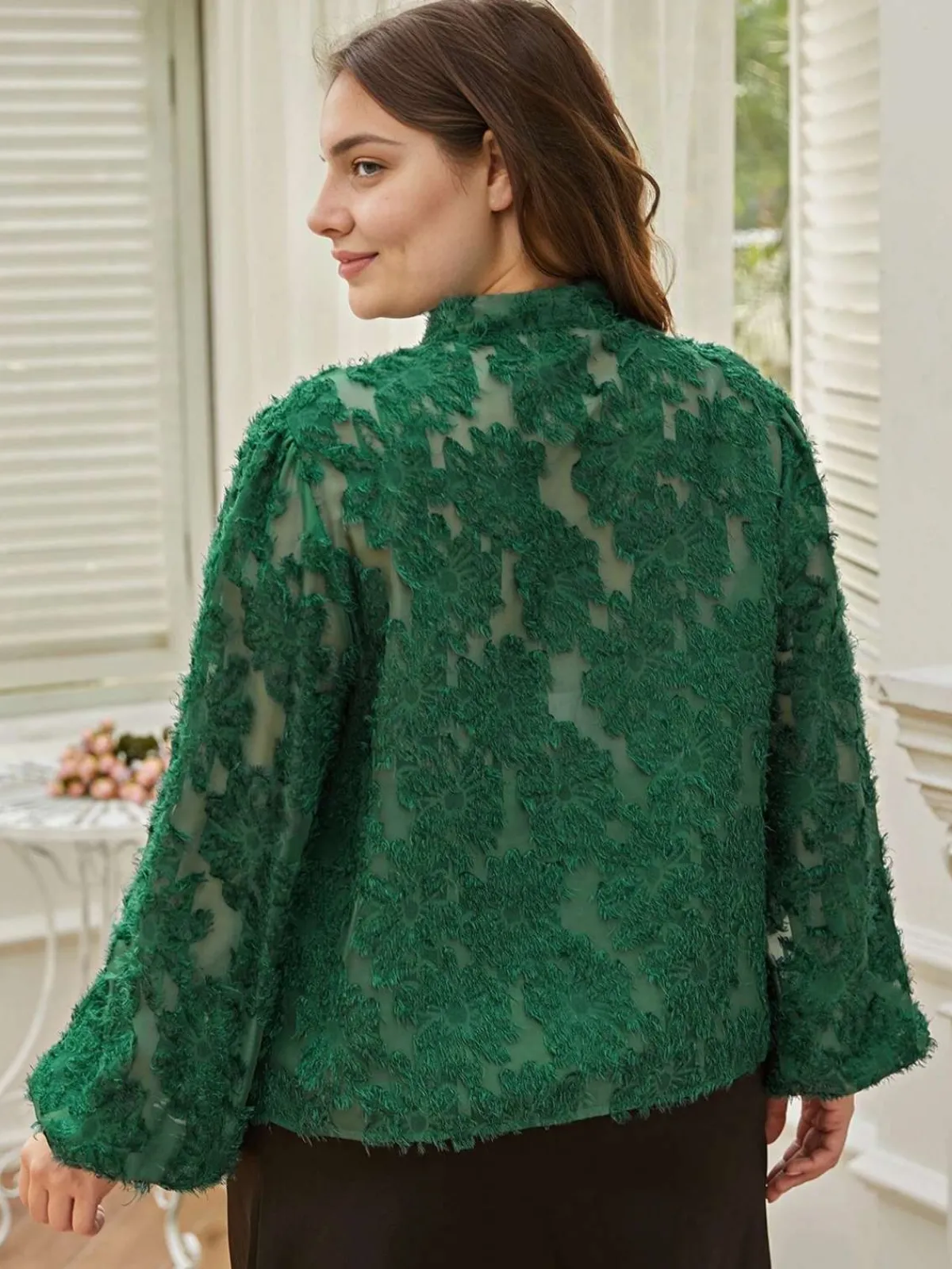 Sale Retro Stage [Plus Size] 1940s Solid Floral Jacquard Tie Neck Blouse