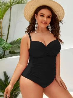 Clearance Retro Stage [Plus Size] 1950s Solid Front Cross One-Piece Swimsuit