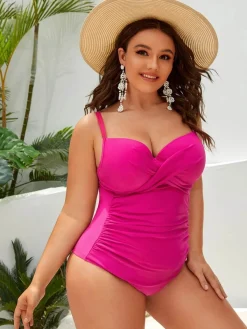 Clearance Retro Stage [Plus Size] 1950s Solid Front Cross One-Piece Swimsuit