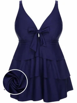 New Retro Stage [Plus Size] 1950s Solid Front Tie Ruffle Swimsuit