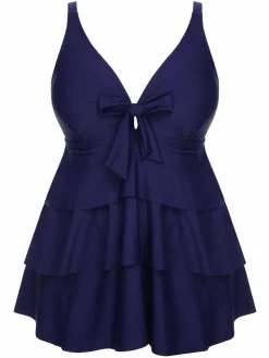 New Retro Stage [Plus Size] 1950s Solid Front Tie Ruffle Swimsuit