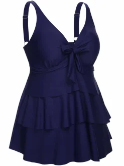New Retro Stage [Plus Size] 1950s Solid Front Tie Ruffle Swimsuit
